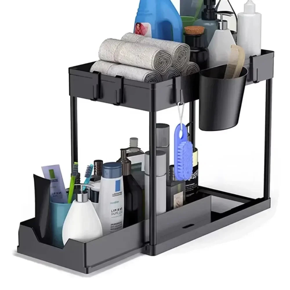 2 Tier Under Sink Organizer Sliding Cabinet Basket Organizer Storage Rack with Hooks Hanging Cup Bathroom Kitchen Organizer