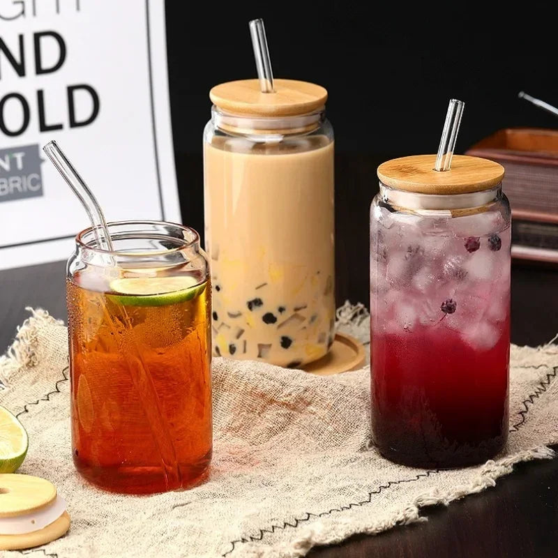 JUSTINLAU Glass Straw Cup with Dustproof Wooden Lid Heat-resisting Transparent Glass Bottle Breakfast Cola Milk Cup Holiday Gift