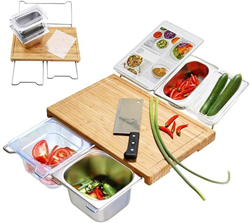 2025 Expandable Bamboo Cutting Board Set with Trays and Box for Kitchen Juice Trough Cutting Board Tools Storing Chopped Food