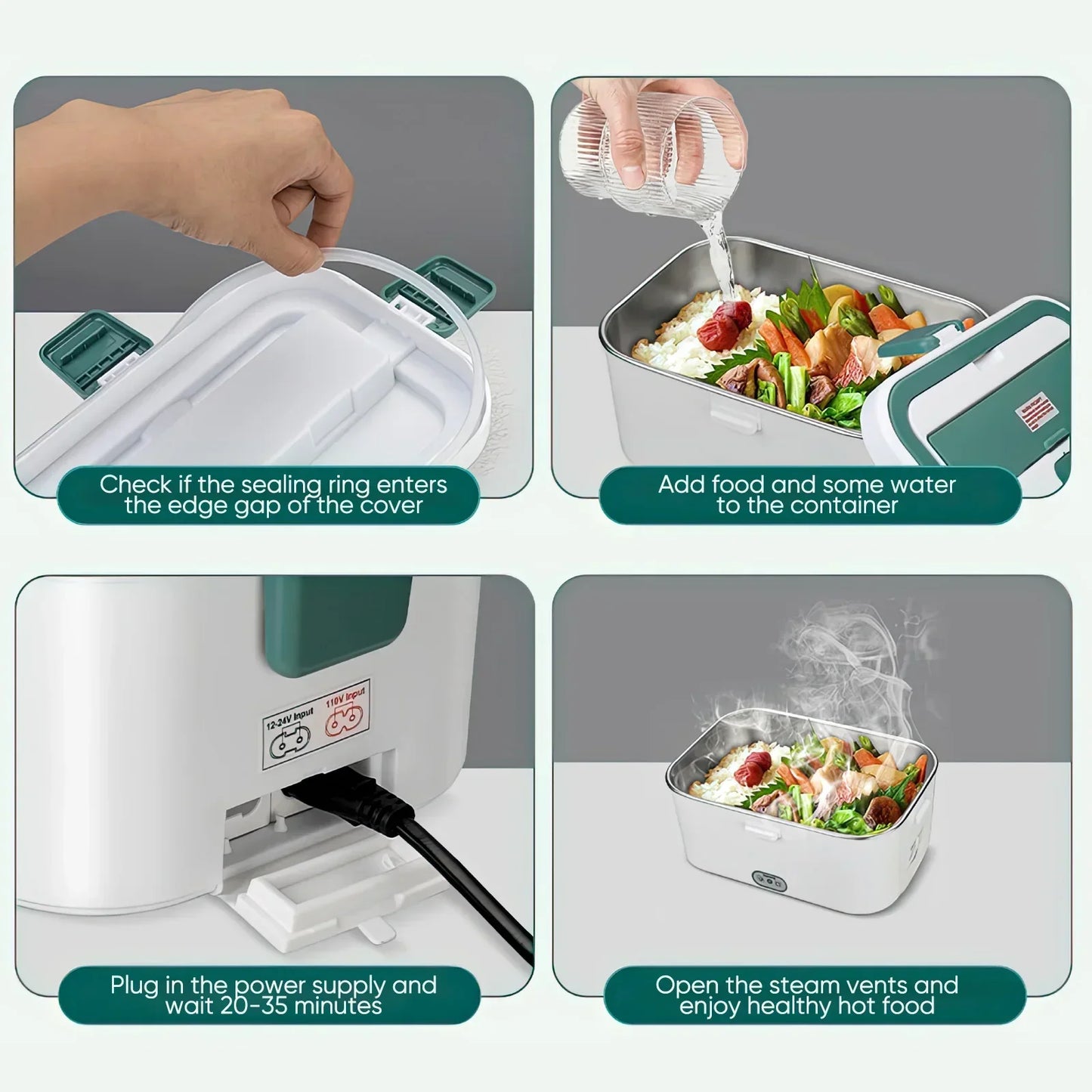 Electric Lunch Box Food Warmer 1.8 L 80W Outdoor Camping Bento Picnic Portable Food Heater Car/Home Self Heating Box