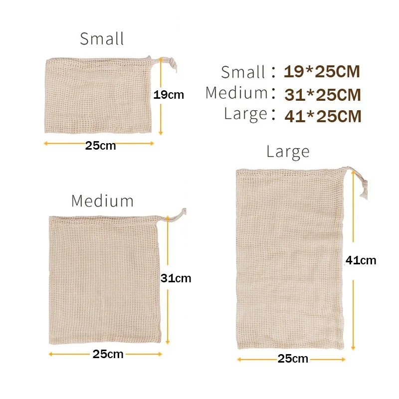 3pcs Reusable Cotton Mesh Produce Shopping Bags Washable Eco Premium Net mesh Bags for Veggie Fruit Vegetable Grocery Storage