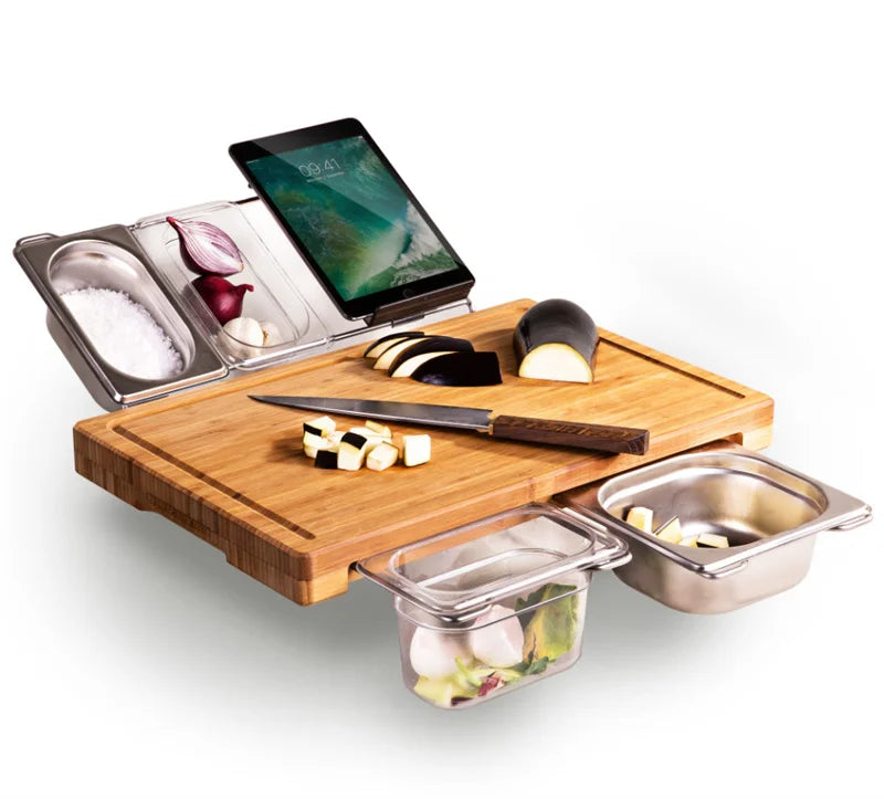 2025 Expandable Bamboo Cutting Board Set with Trays and Box for Kitchen Juice Trough Cutting Board Tools Storing Chopped Food