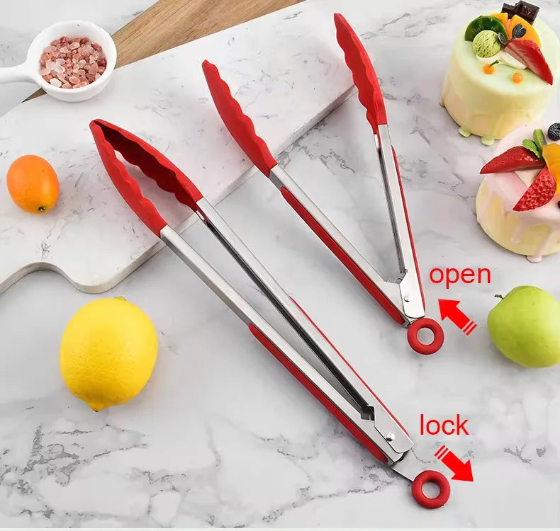 9 and 12 Inch Silicone Head Stainless Steel Bread and Salad Tongs Set Classic Novel Design for Everyday Dining for Restaurants