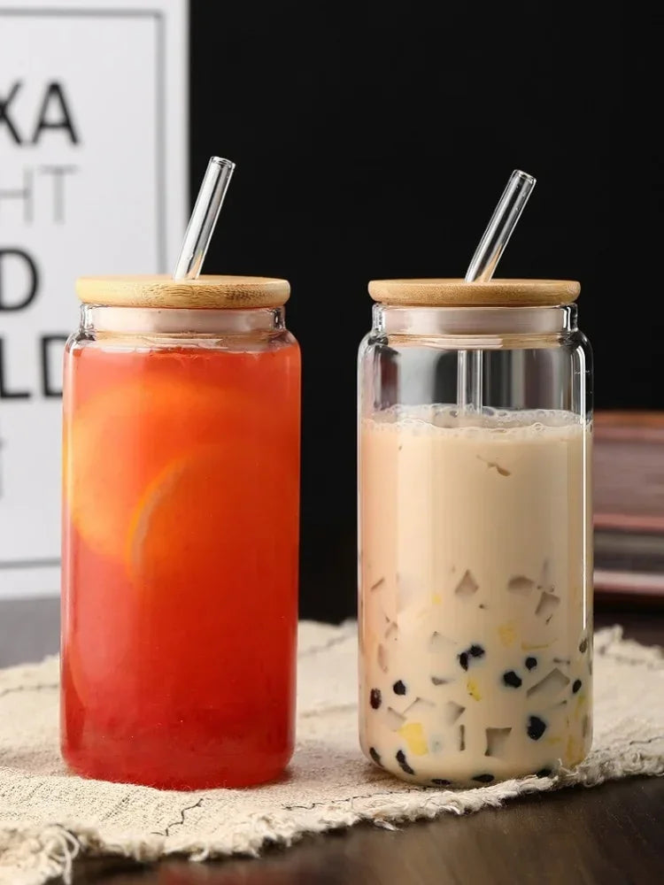 JUSTINLAU Glass Straw Cup with Dustproof Wooden Lid Heat-resisting Transparent Glass Bottle Breakfast Cola Milk Cup Holiday Gift