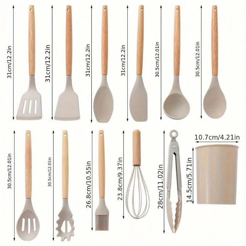12Pcs Silicone Kitchen Utensils Set Heat Resistant Wooden Handle Non-Stick Cookware Tools Spatula Ladle Whisk Tongs for Cooking