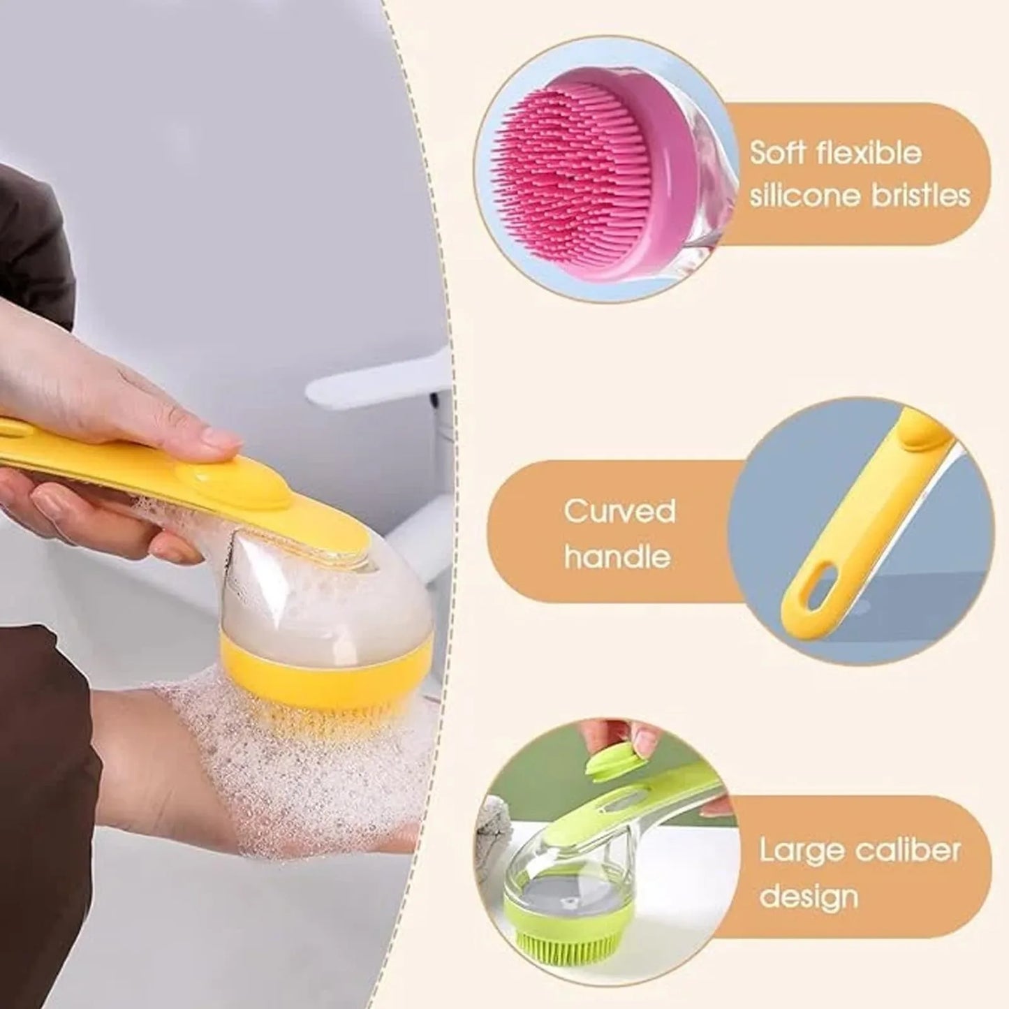 1pc Pet Bath Brush Soft Silicone Long Handle With Shampoo Dispenser Gentle Massage For Grooming And Cleaning Fur And Hair