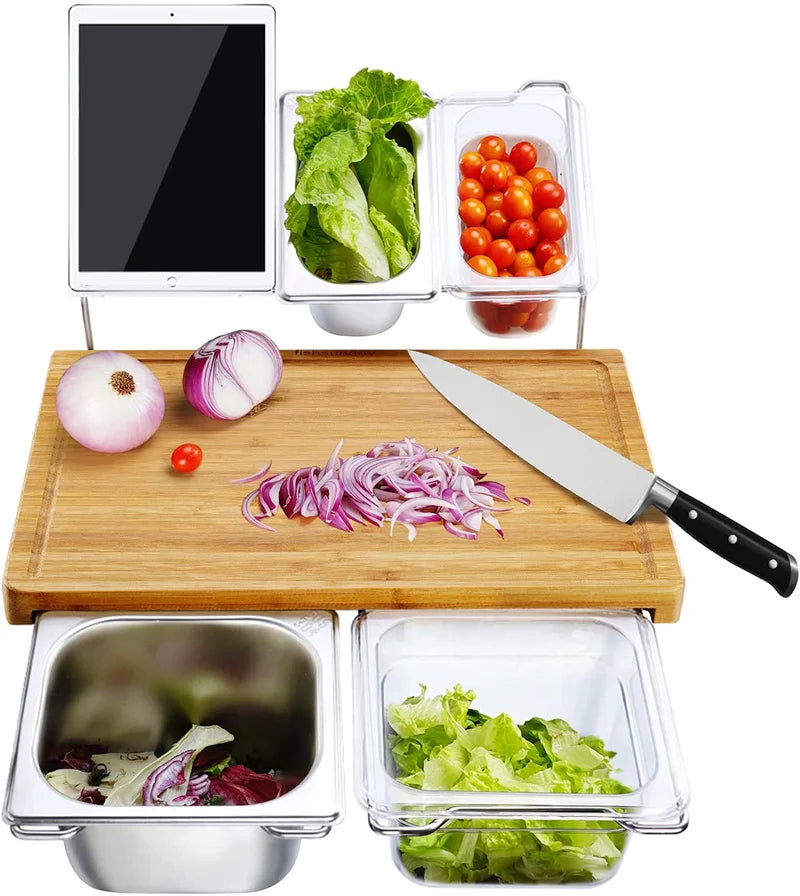 2025 Expandable Bamboo Cutting Board Set with Trays and Box for Kitchen Juice Trough Cutting Board Tools Storing Chopped Food