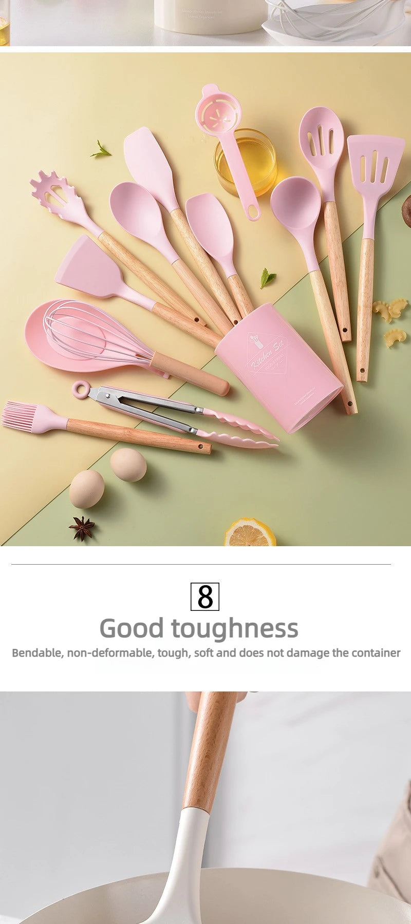 12Pcs Silicone Kitchen Utensils Set Heat Resistant Wooden Handle Non-Stick Cookware Tools Spatula Ladle Whisk Tongs for Cooking