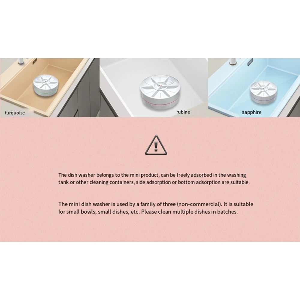 Mini Turbo Dishwasher Portable Ultrasonic Dish Washer USB Chargeable Vegetable Washing Machine Household Sink Dishwasher Device
