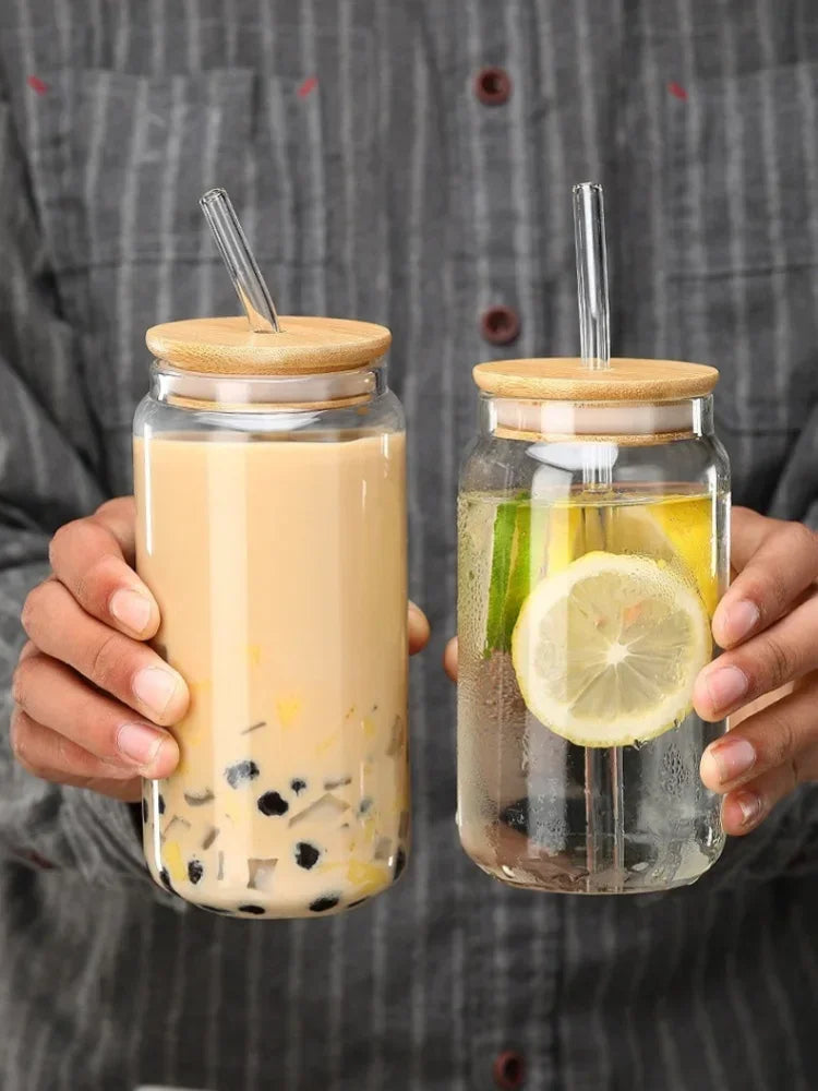 JUSTINLAU Glass Straw Cup with Dustproof Wooden Lid Heat-resisting Transparent Glass Bottle Breakfast Cola Milk Cup Holiday Gift