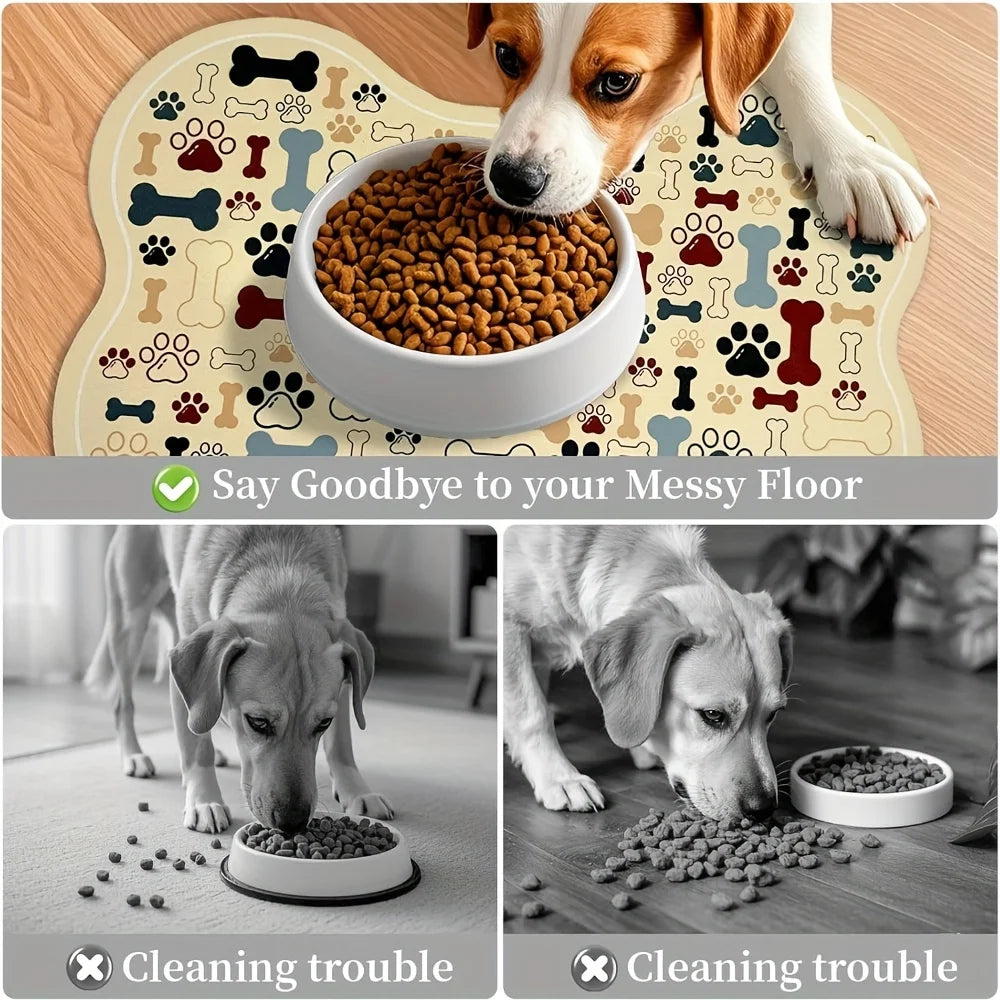 1pc Non-Slip Quick-Dry Geometric Fishbone Paw Print Dog Feeding Mat Polyester Pet Food Water Bowl Pad for Small to Medium Dogs