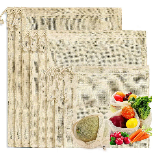 3pcs Reusable Cotton Mesh Produce Shopping Bags Washable Eco Premium Net mesh Bags for Veggie Fruit Vegetable Grocery Storage
