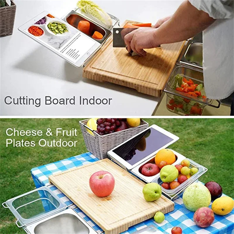 2025 Expandable Bamboo Cutting Board Set with Trays and Box for Kitchen Juice Trough Cutting Board Tools Storing Chopped Food