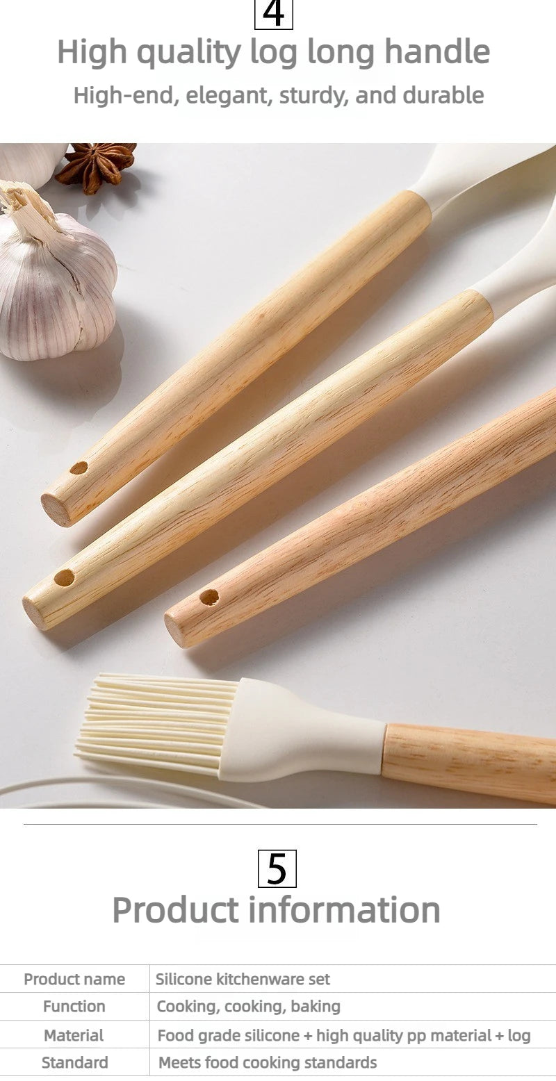 12Pcs Silicone Kitchen Utensils Set Heat Resistant Wooden Handle Non-Stick Cookware Tools Spatula Ladle Whisk Tongs for Cooking