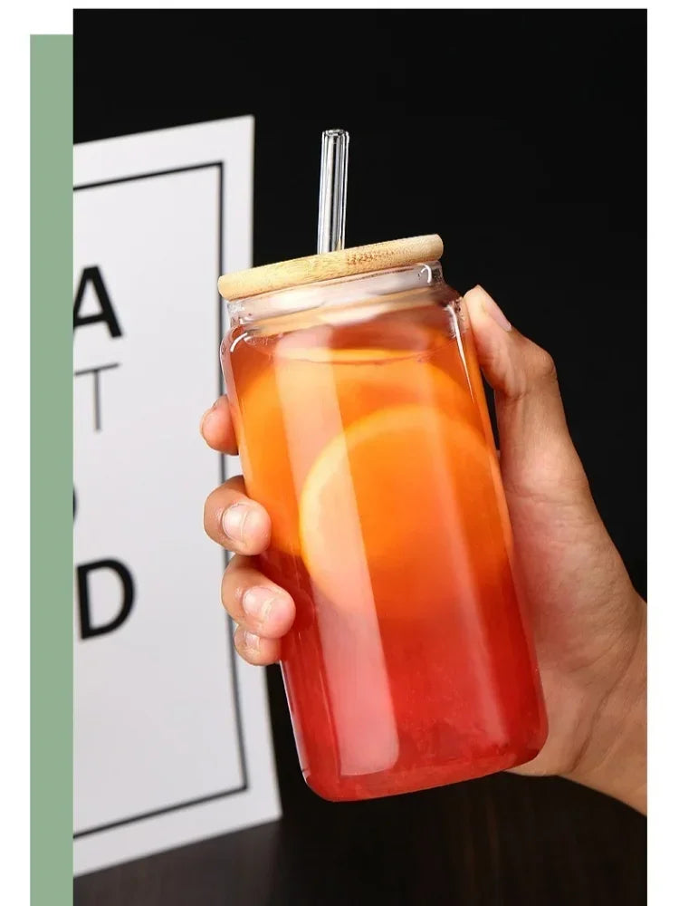 JUSTINLAU Glass Straw Cup with Dustproof Wooden Lid Heat-resisting Transparent Glass Bottle Breakfast Cola Milk Cup Holiday Gift