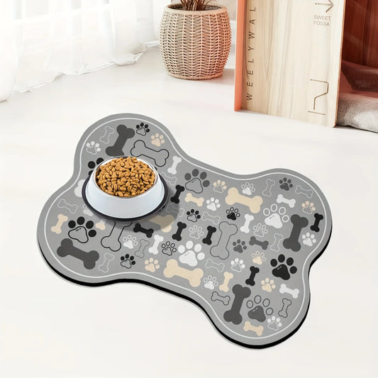 1pc Non-Slip Quick-Dry Geometric Fishbone Paw Print Dog Feeding Mat Polyester Pet Food Water Bowl Pad for Small to Medium Dogs