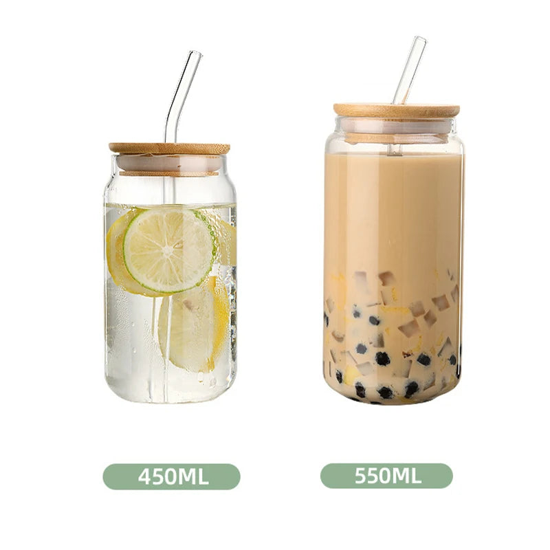 JUSTINLAU Glass Straw Cup with Dustproof Wooden Lid Heat-resisting Transparent Glass Bottle Breakfast Cola Milk Cup Holiday Gift
