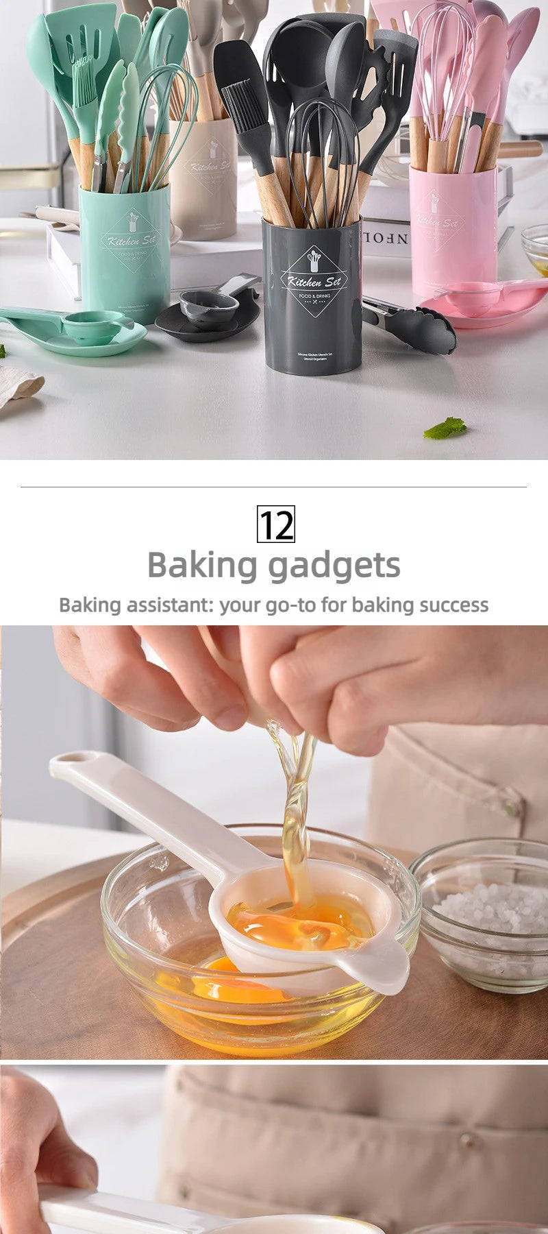 12Pcs Silicone Kitchen Utensils Set Heat Resistant Wooden Handle Non-Stick Cookware Tools Spatula Ladle Whisk Tongs for Cooking