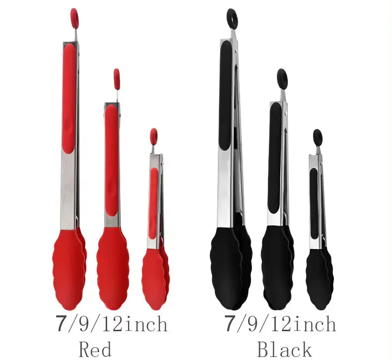 9 and 12 Inch Silicone Head Stainless Steel Bread and Salad Tongs Set Classic Novel Design for Everyday Dining for Restaurants