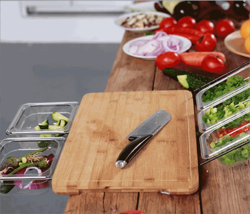 2025 Expandable Bamboo Cutting Board Set with Trays and Box for Kitchen Juice Trough Cutting Board Tools Storing Chopped Food