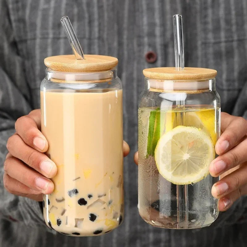JUSTINLAU Glass Straw Cup with Dustproof Wooden Lid Heat-resisting Transparent Glass Bottle Breakfast Cola Milk Cup Holiday Gift