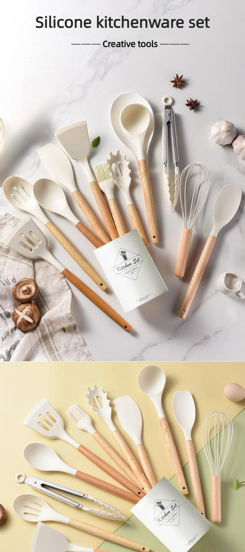 12Pcs Silicone Kitchen Utensils Set Heat Resistant Wooden Handle Non-Stick Cookware Tools Spatula Ladle Whisk Tongs for Cooking