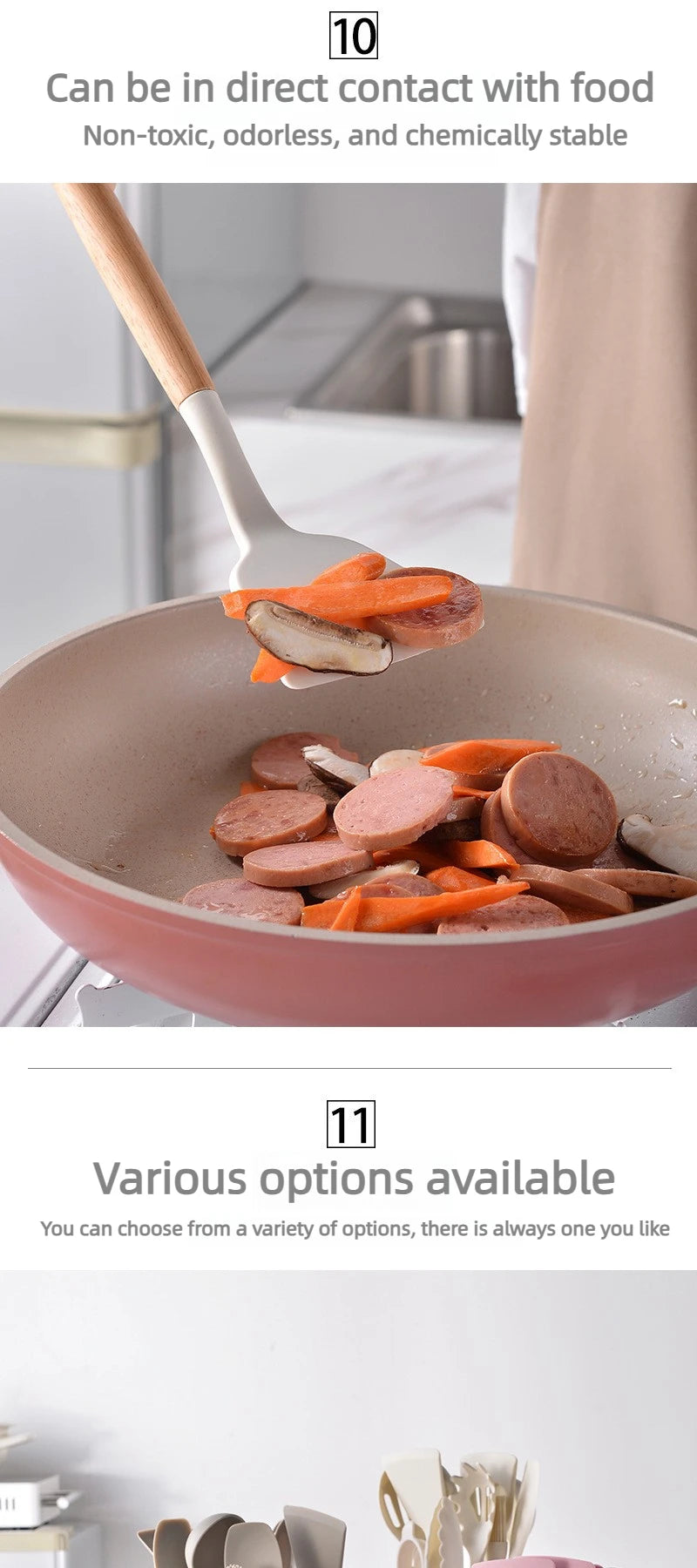 12Pcs Silicone Kitchen Utensils Set Heat Resistant Wooden Handle Non-Stick Cookware Tools Spatula Ladle Whisk Tongs for Cooking
