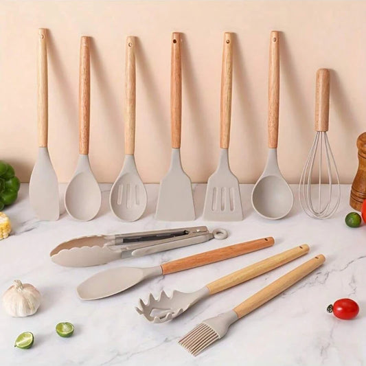 12Pcs Silicone Kitchen Utensils Set Heat Resistant Wooden Handle Non-Stick Cookware Tools Spatula Ladle Whisk Tongs for Cooking
