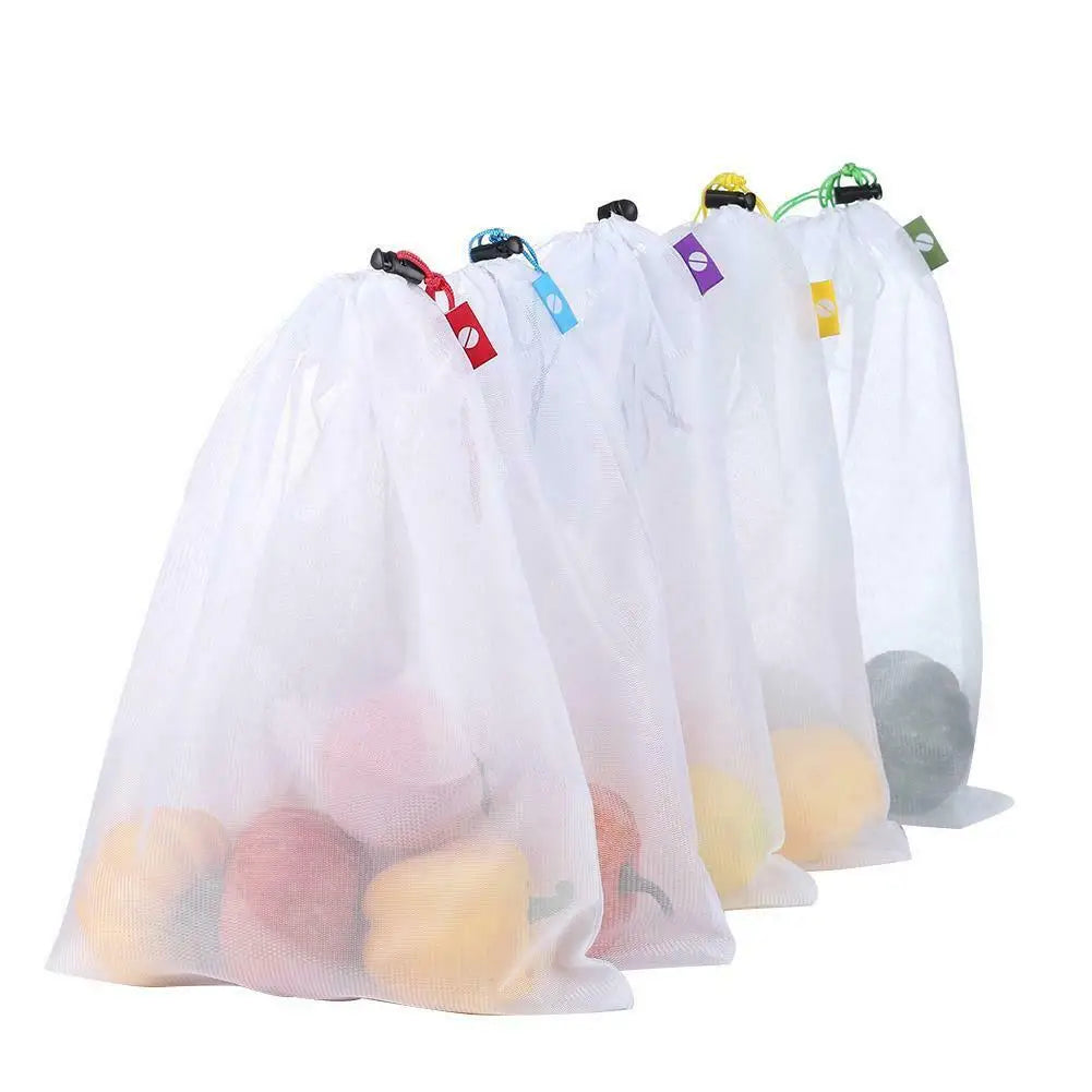 5pcs Fruit Vegetable Storage Bags Washable Reusable Net Mesh Bags Kitchen Food Organizer Toys Grocery Storage Packaging Bag