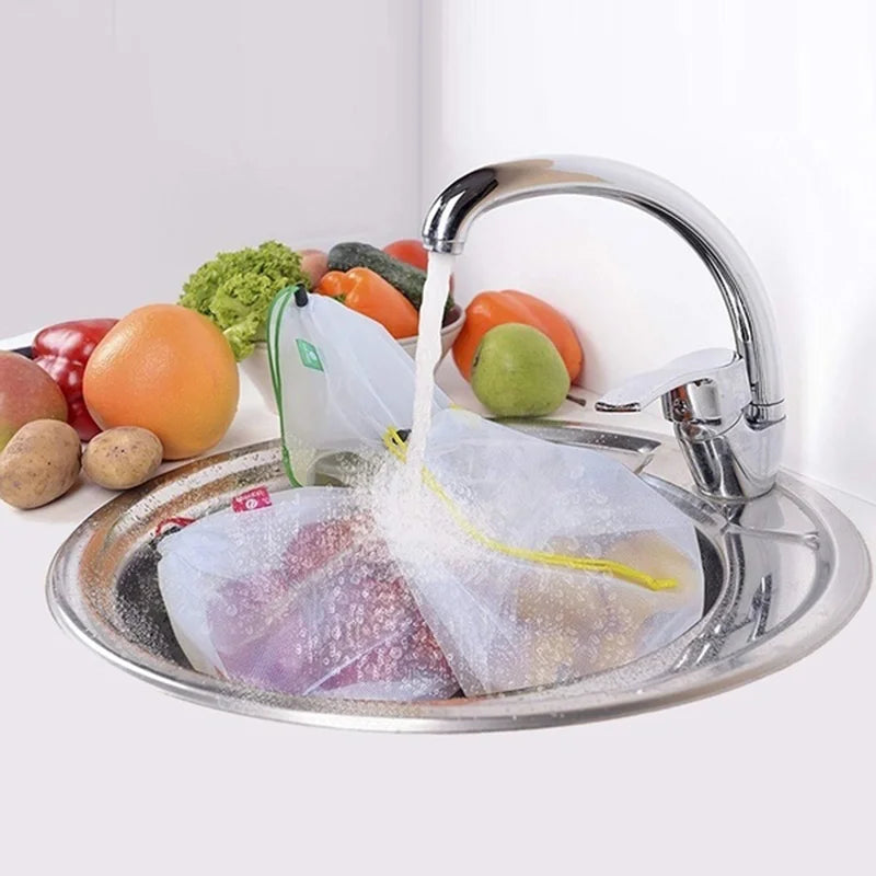 5pcs Fruit Vegetable Storage Bags Washable Reusable Net Mesh Bags Kitchen Food Organizer Toys Grocery Storage Packaging Bag