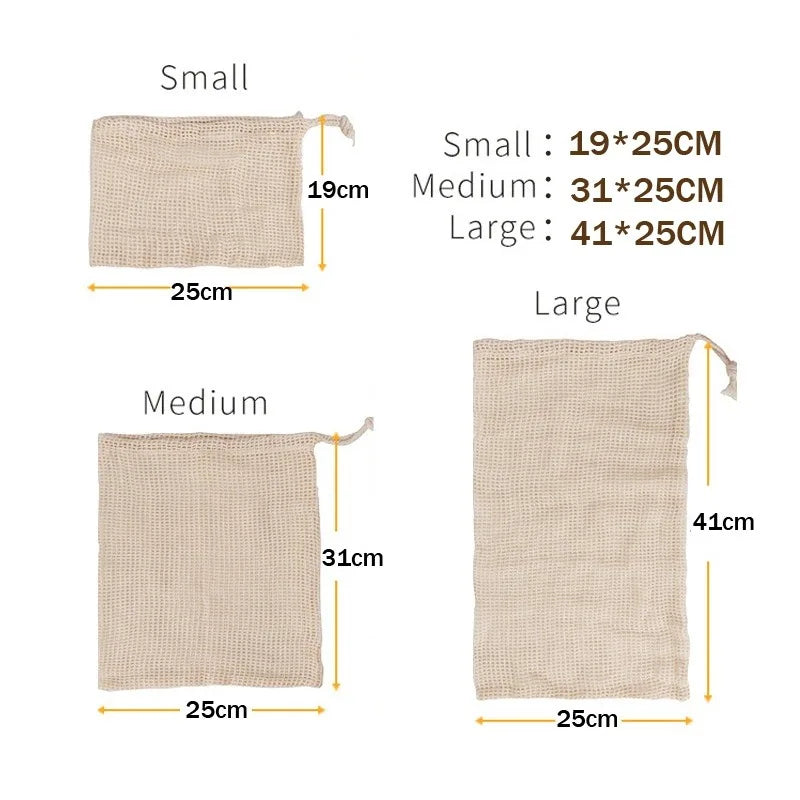 3pcs Reusable Cotton Mesh Produce Shopping Bags Washable Eco Premium Net mesh Bags for Veggie Fruit Vegetable Grocery Storage