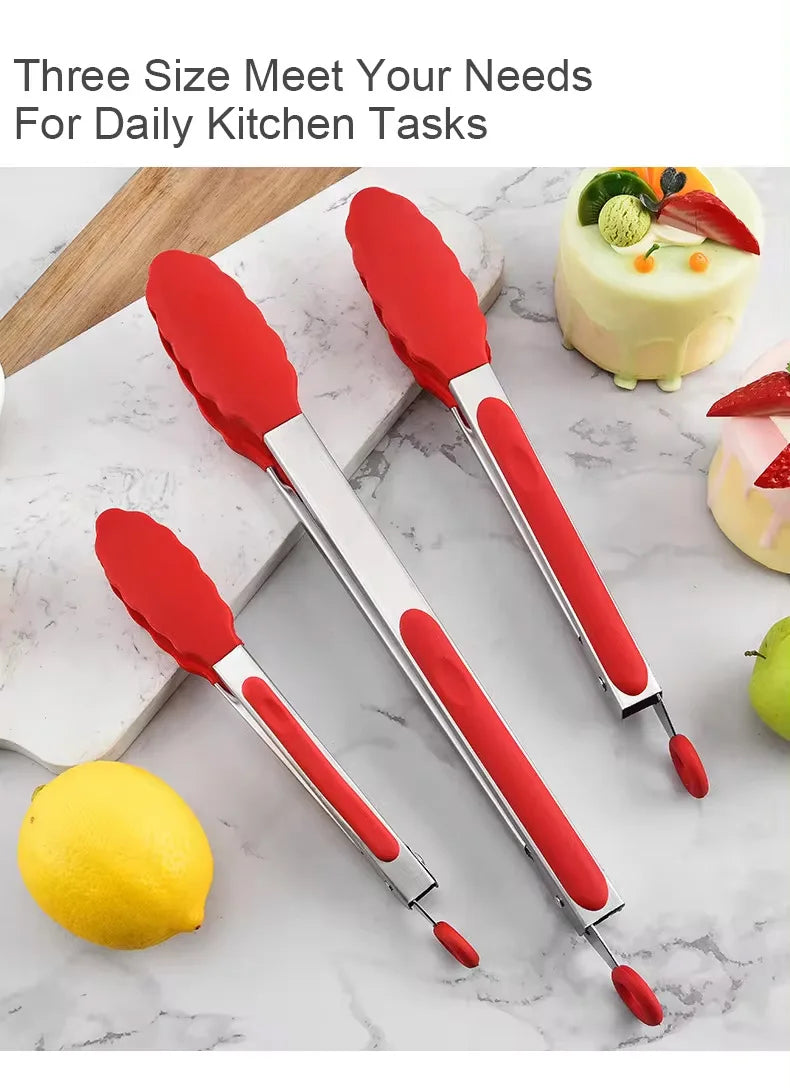 9 and 12 Inch Silicone Head Stainless Steel Bread and Salad Tongs Set Classic Novel Design for Everyday Dining for Restaurants