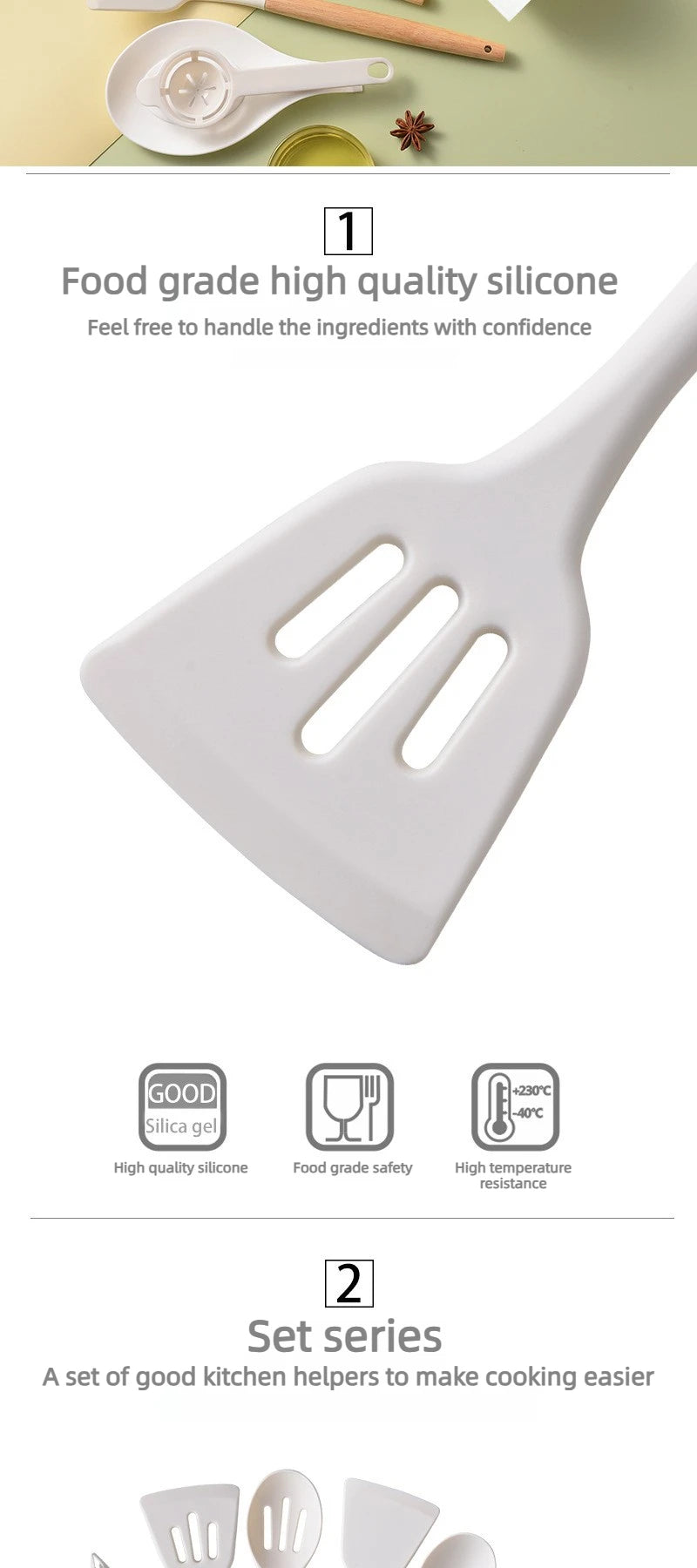 12Pcs Silicone Kitchen Utensils Set Heat Resistant Wooden Handle Non-Stick Cookware Tools Spatula Ladle Whisk Tongs for Cooking