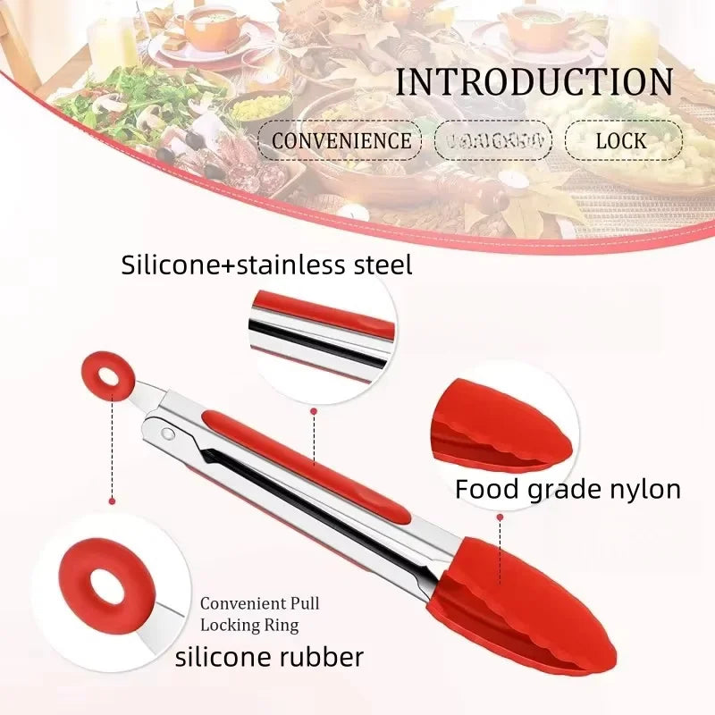 1Pc Silicone Food Tongs Stainless Steel Kitchen Tongs Silicone Non-Slip Cooking Clip Clamp Bbq Salad Tools Grill Kitchen Tools