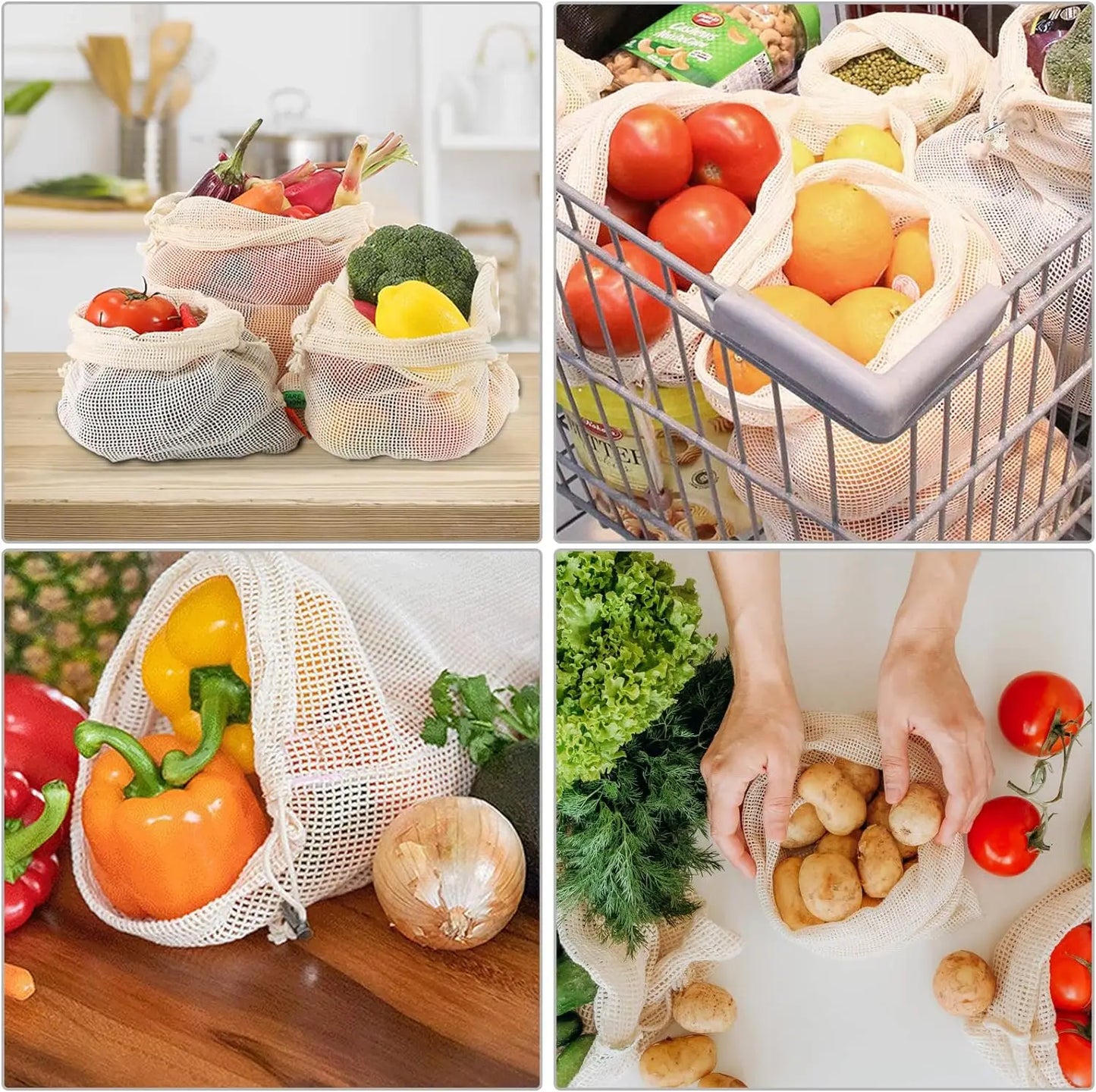 3pcs Reusable Cotton Mesh Produce Shopping Bags Washable Eco Premium Net mesh Bags for Veggie Fruit Vegetable Grocery Storage