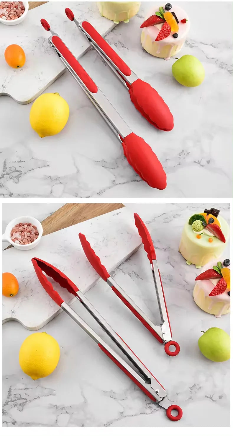 9 and 12 Inch Silicone Head Stainless Steel Bread and Salad Tongs Set Classic Novel Design for Everyday Dining for Restaurants