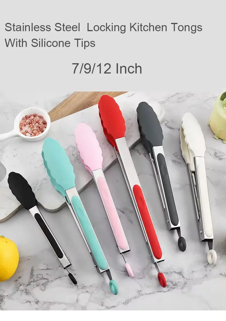 9 and 12 Inch Silicone Head Stainless Steel Bread and Salad Tongs Set Classic Novel Design for Everyday Dining for Restaurants