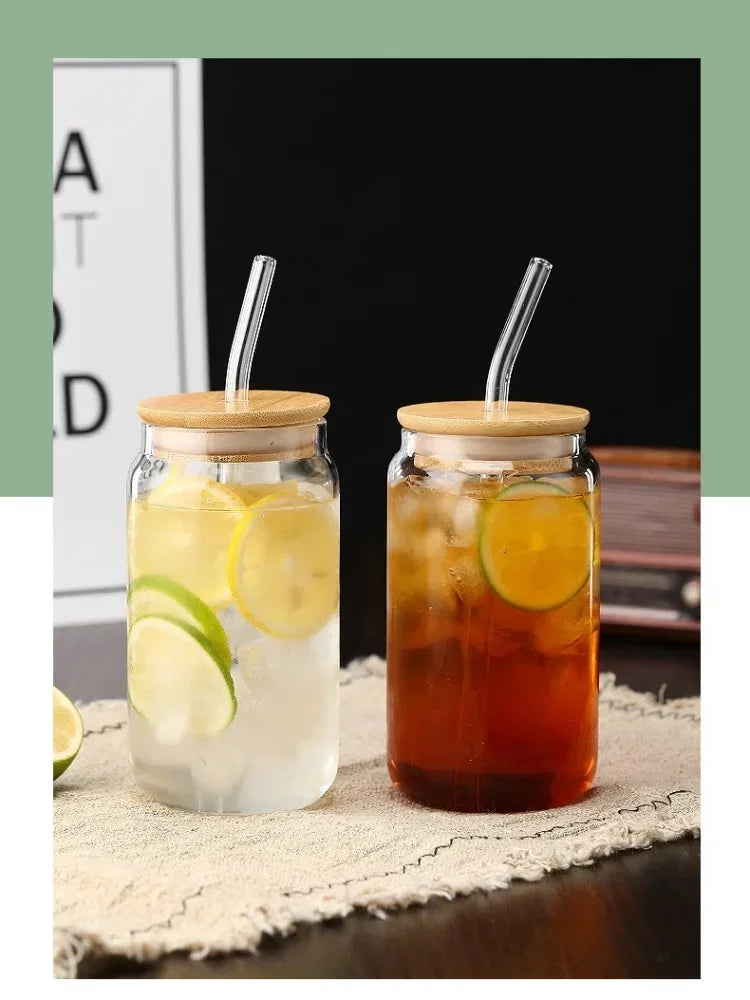 JUSTINLAU Glass Straw Cup with Dustproof Wooden Lid Heat-resisting Transparent Glass Bottle Breakfast Cola Milk Cup Holiday Gift