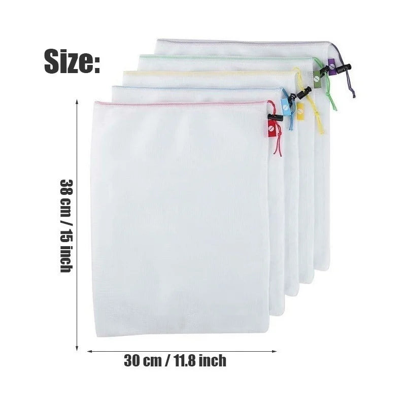 5pcs Fruit Vegetable Storage Bags Washable Reusable Net Mesh Bags Kitchen Food Organizer Toys Grocery Storage Packaging Bag